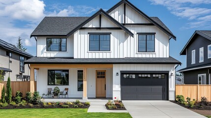 exterior home with board and batten siding and stone accent