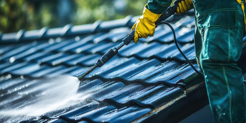 Team providing Roof Cleaning Services using soft washing.