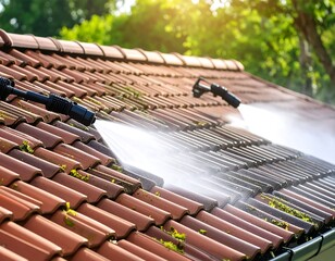 Moss being cleaned off shingles with Roof Cleaning Services.