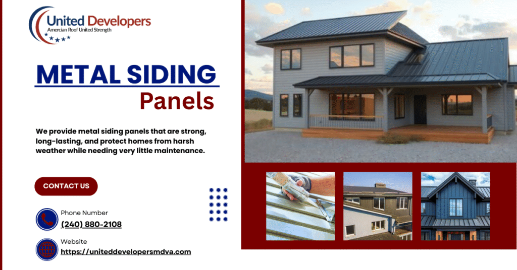 Workers installing metal siding panels on residential home exterior