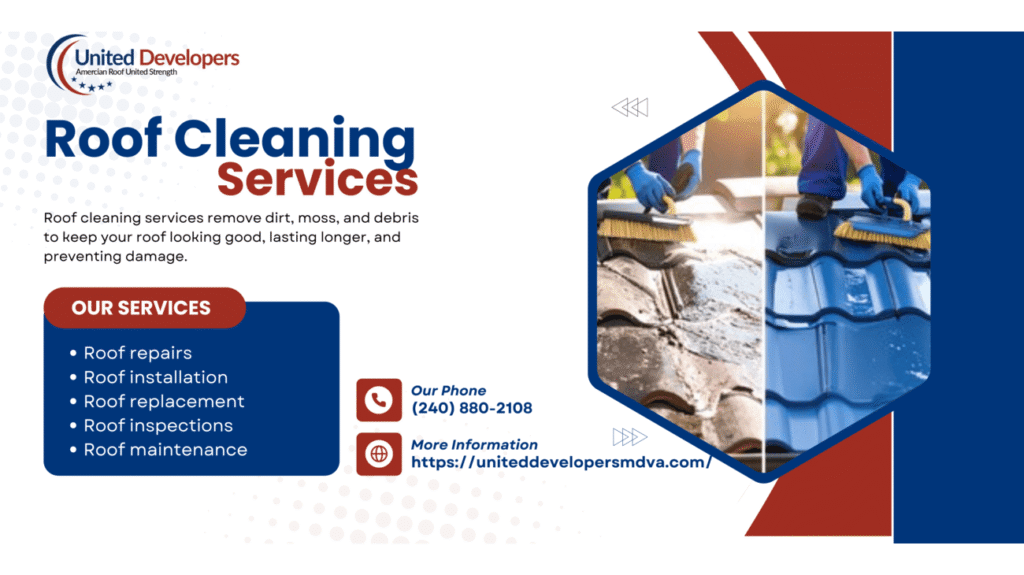 Professional roof cleaning service removing moss and dirt from residential rooftop.